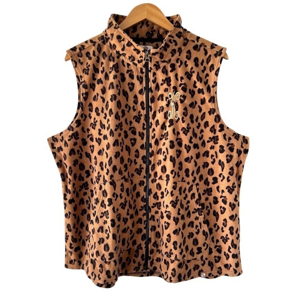 Marleylilly Leopard Print Fleece Vest 3XL Full Zip Monogram K Womens Pockets